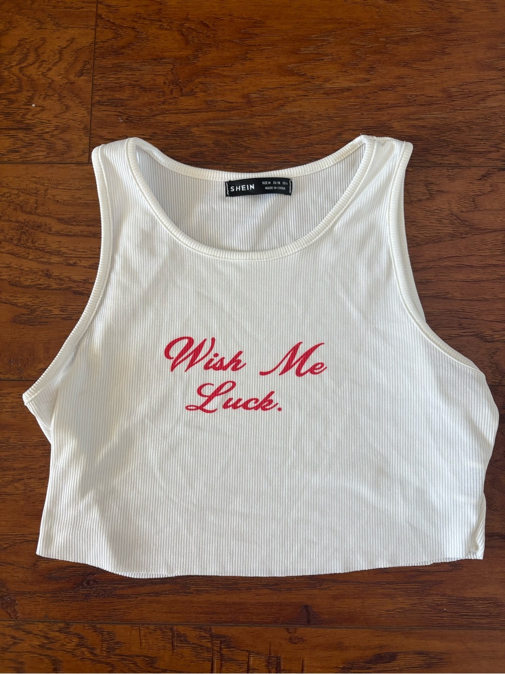 SHEIN White Ribbed Cropped Tank with Red "Wish Me Luck" Script
